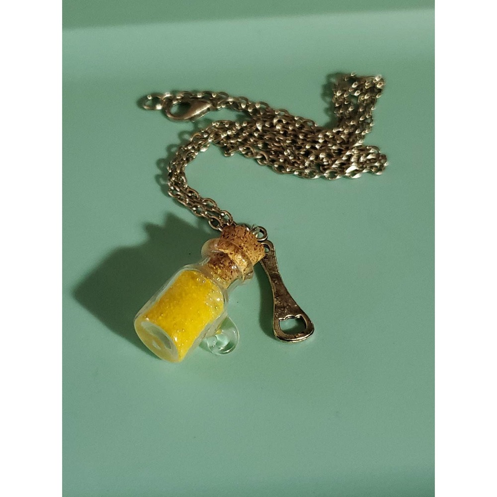 Handmade cute little beer necklace with a bottle of beer, bubbles, & bottle open